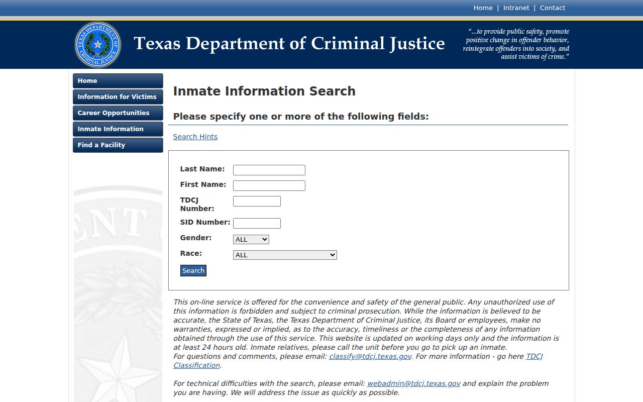 Hale County arrest custody search through TDCJ